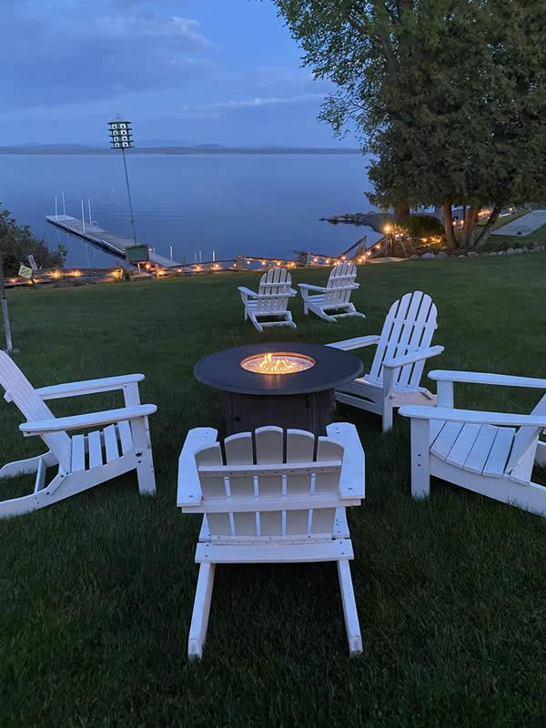 Firepit at dusk on the shore at Shore Acres Inn and Restaurant