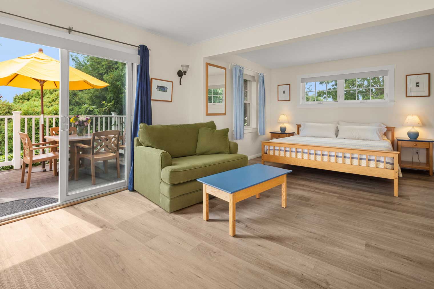 Room 1 with patio at Shore Acres Inn and Restaurant in North Hero, Vermont.