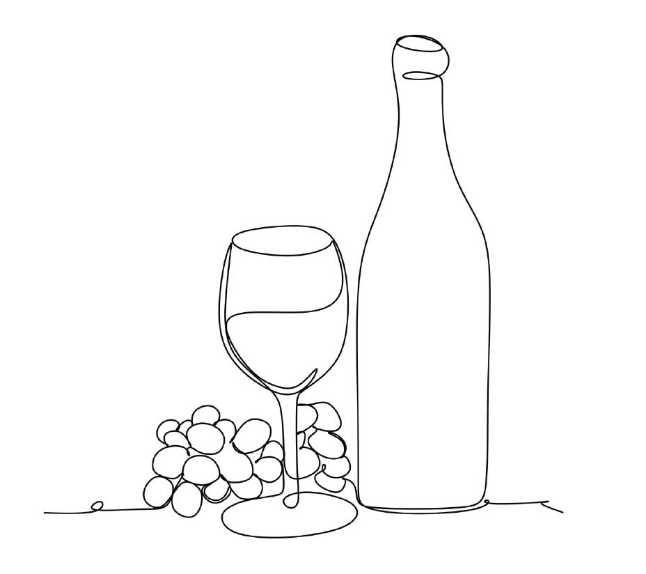 Line drawing of a bottle of wine, a glass and soe grapes.
